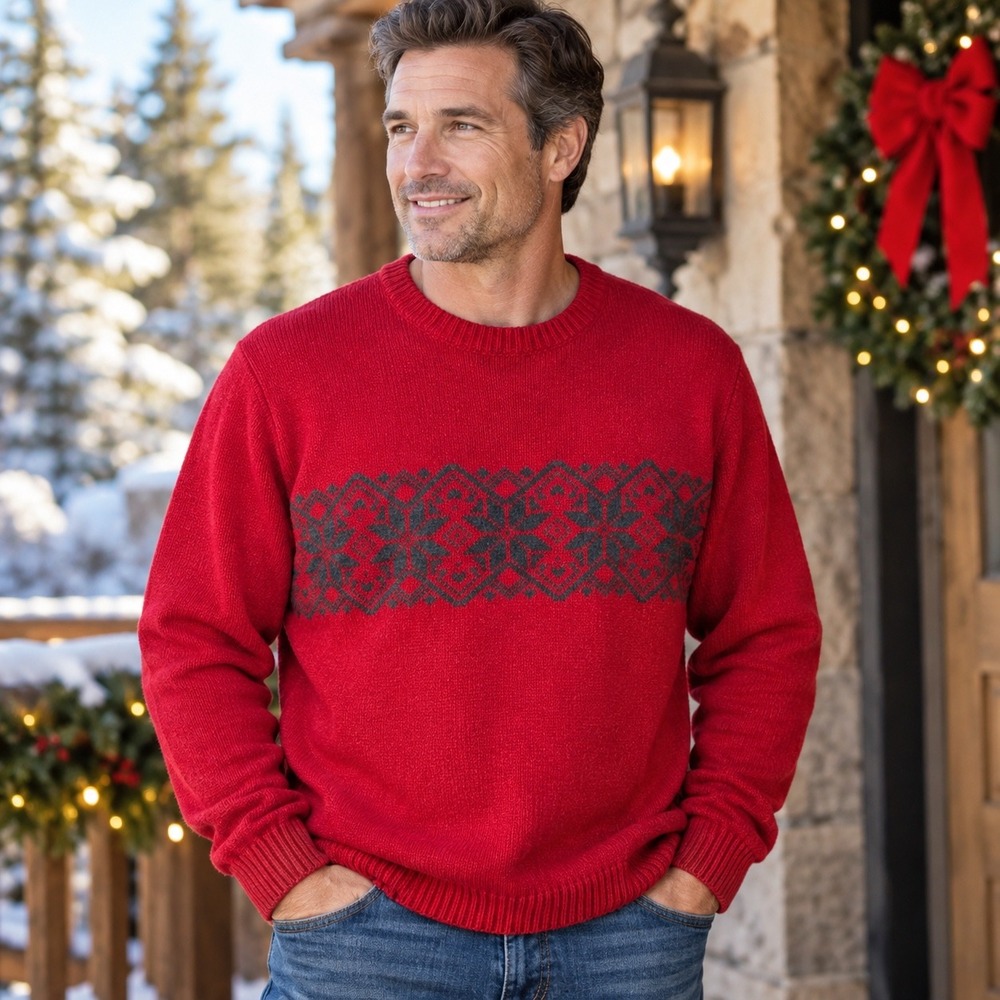 American Outposts VTG Mens Red Fair Isle Snowflake Sweater L Cotton Blend